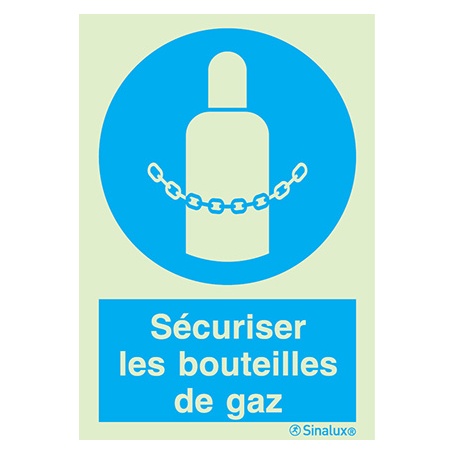 [F3865F15201OBFR] Signalisation une face, sécuriser bouteilles de gaz – avec texte, PVC photoluminescent (150x200)