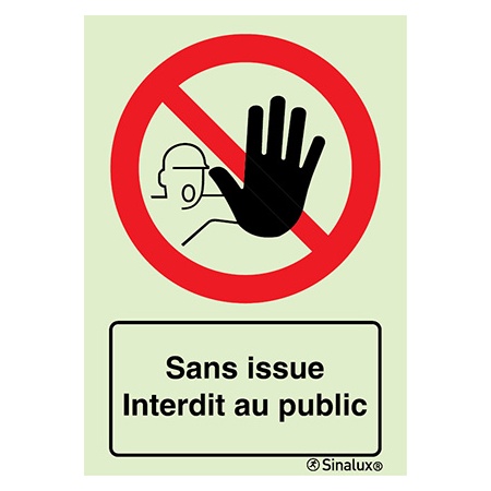 [F4061F10151POFR] Signalisation une face, sans issue interdit au public – avec texte, PVC photoluminescent (100x150)