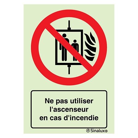 Signalisation une face, ne pas utiliser l’ascenseur en cas d’incendie – avec texte, PVC photoluminescent