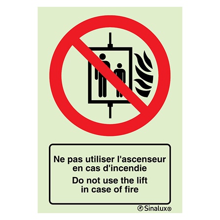 Signalisation une face, ne pas utiliser l’ascenseur en cas d’incendie – FR/EN, PVC photoluminescent
