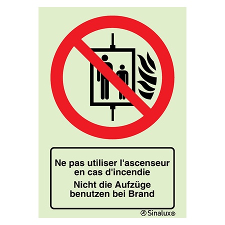 Signalisation une face, ne pas utiliser l’ascenseur en cas d’incendie – FR/DE, PVC photoluminescent