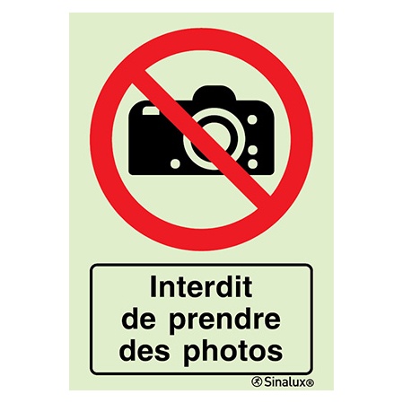 Signalisation une face, interdiction de prendre des photos – avec texte, PVC photoluminescent
