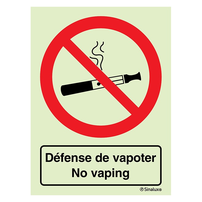 Signalisation une face, défense de vapoter (texte FR/EN), PVC photoluminescent